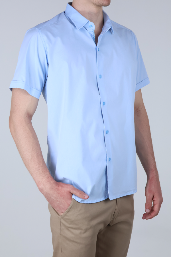 Camisa Azul Cielo Hombre Slim Fit Lisa Manga Corta Ropa Casual